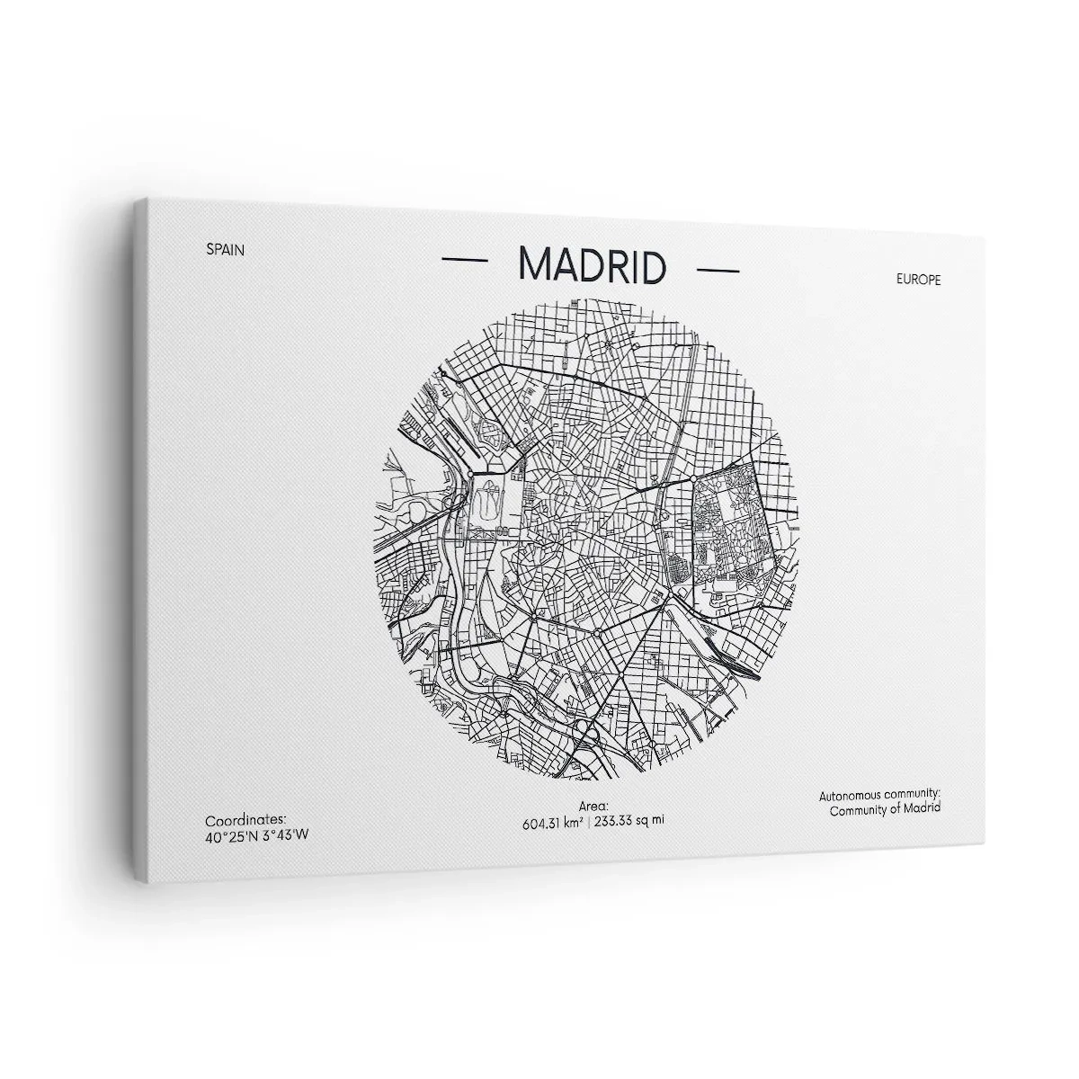Lærredstryk - Billede på lærred - Kort over Madrid i minimalistisk sort-hvid stil - 70x50cm - Madrids anatomi - Moderne vægdekoration til stue og soveværelse ARTTOR