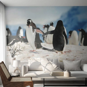 Fototapet Selvklæbende Deluxe Sticker - Danser i sneen - Pingvin, Antarktis, Landskab - 300x210 cm