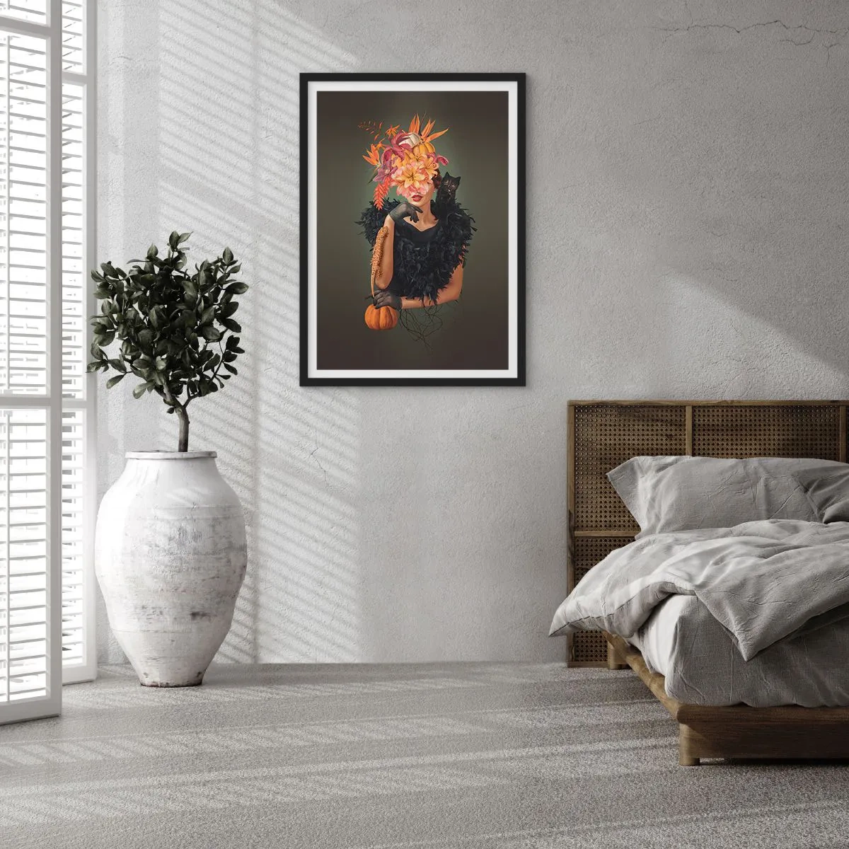 Plakat i sort ramme - Kunstnerisk portræt af en kvinde med blomster, et græskar og en sort kat. - 50x70cm - Heksens fortryllelse - Moderne vægdekoration til stue og soveværelse ARTTOR