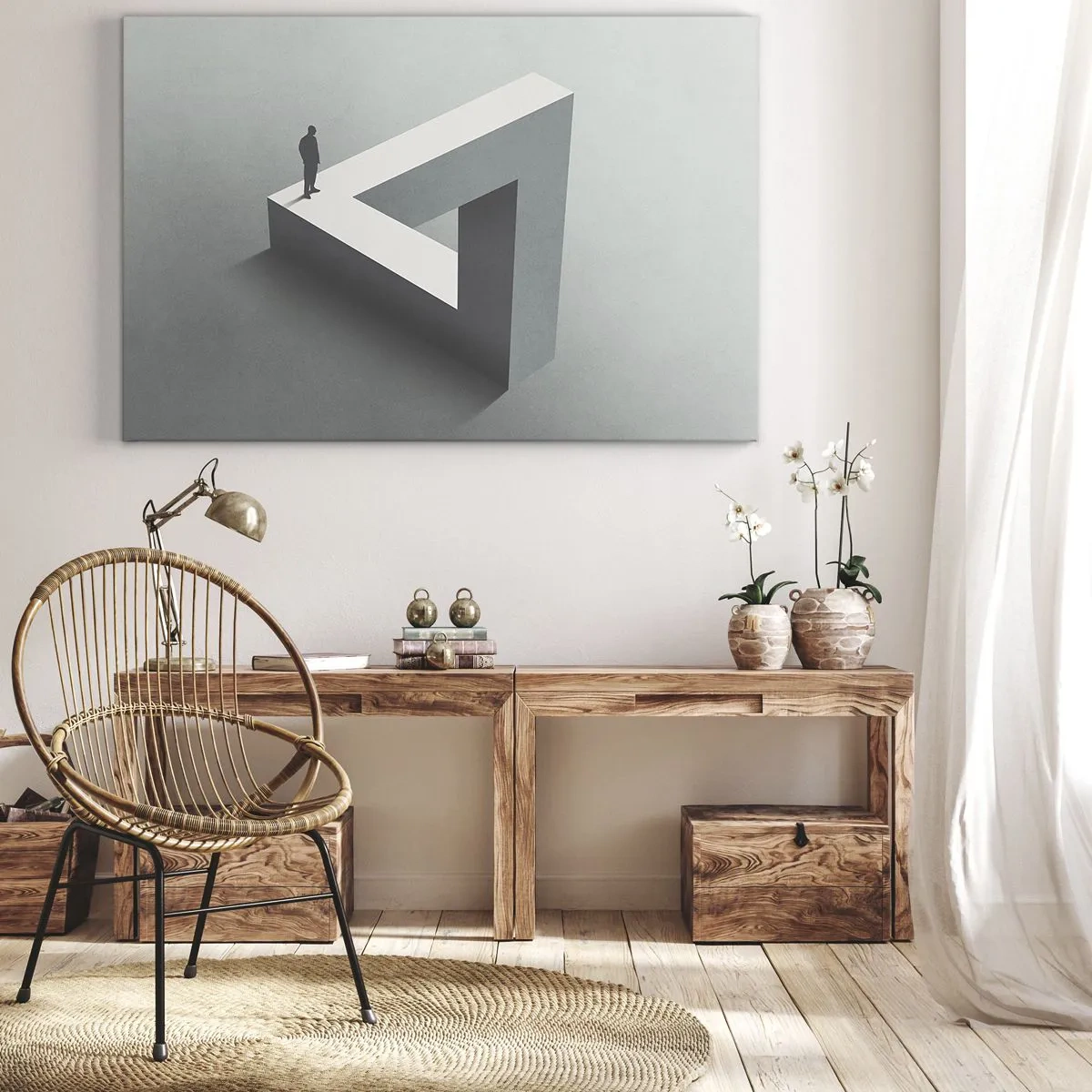 Lærredstryk - Billede på lærred - En figur stående på en Penrose-trekant i grå nuancer. - 70x50cm - Og dog er det muligt - Moderne vægdekoration til stue og soveværelse ARTTOR