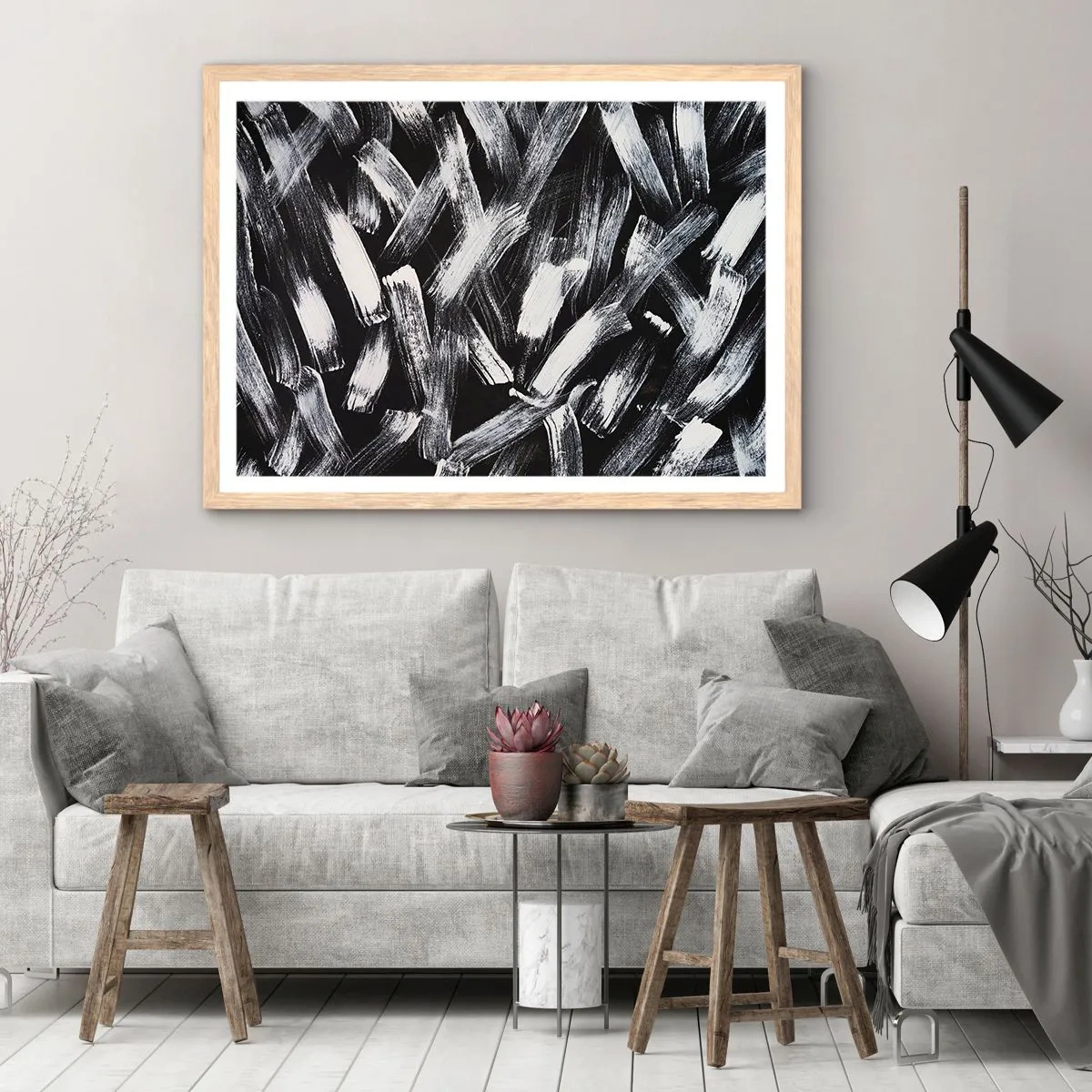 Plakat i ramme af lyst egetræ - Abstraktion i den industrielle ånd - 100x70 cm