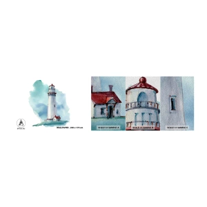 Prøve Fototapet Premium Sand - Det blås blide søster - Fyrtårn, Ved havet, Tegning - 100x30 cm