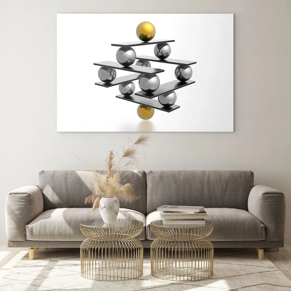 Billede på glas - Geometrisk komposition med bolde og platforme på en hvid baggrund - 70x50cm - Guld-sølv-balancen - Moderne vægdekoration til stue og soveværelse ARTTOR