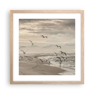 Plakat i ramme af lyst egetræ - Havet brummer, fuglene synger - 40x40 cm