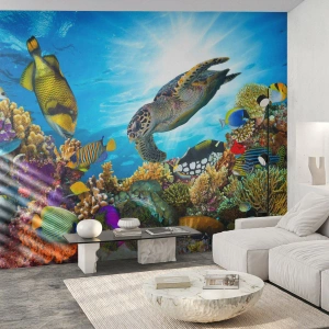 Fototapet Standard Eco - Undervandsverden med en havskildpadde og farverige fisk - 100x70cm - Koralpromenade - Moderne vægdekoration til stue og soveværelse ARTTOR