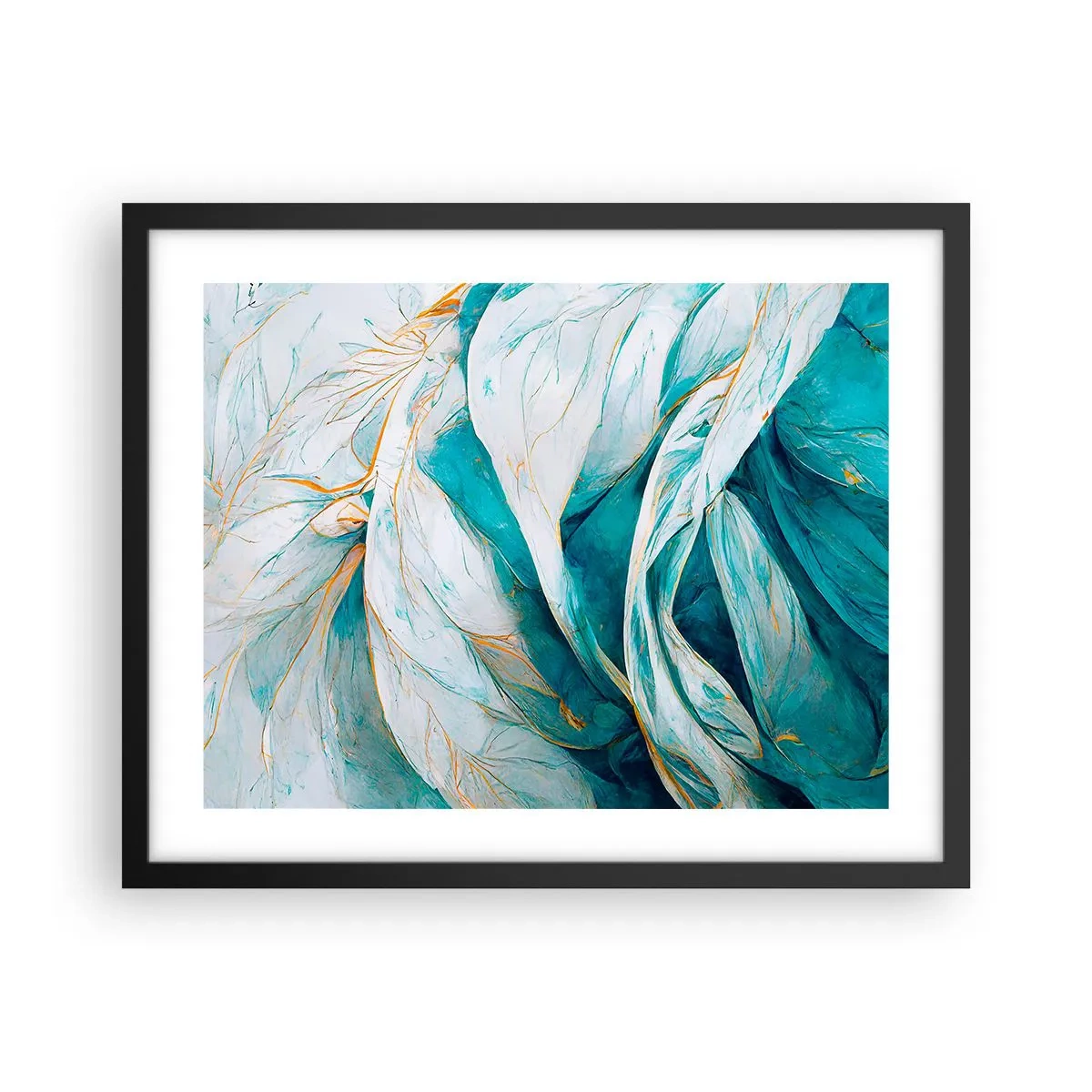 Plakat i sort ramme - Blå abstraktion med et guldmotiv - 50x40 cm