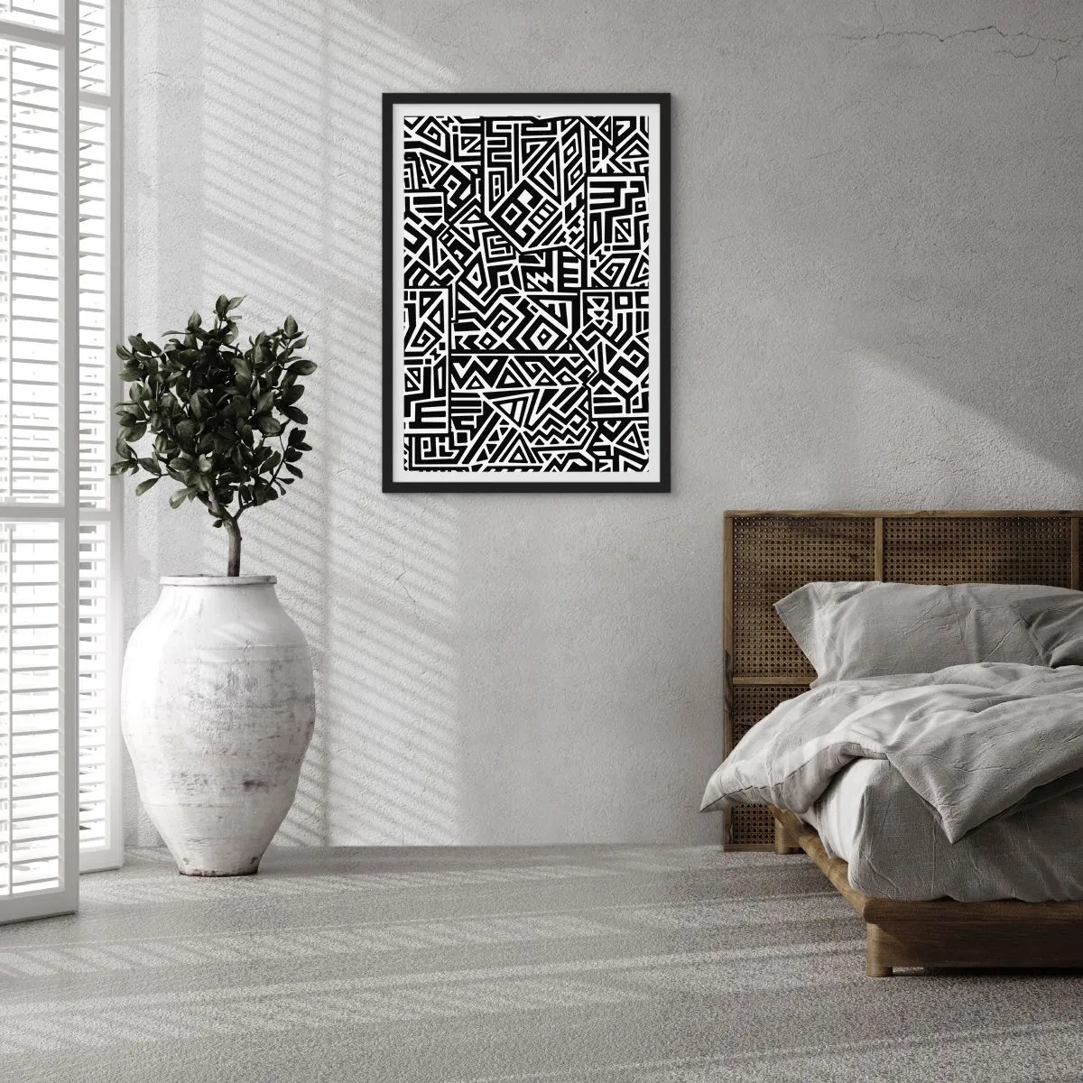 Plakat i sort ramme - Sort-hvidt geometrisk mønster i kunstnerisk stil - 50x70cm - Præcolumbiansk sammensætning - Moderne vægdekoration til stue og soveværelse ARTTOR