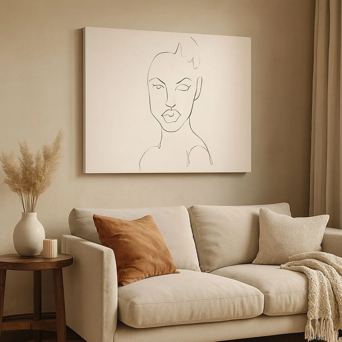 Lærredstryk - Billede på lærred - Minimalistisk skitse af en kvindes ansigt - 70x50cm - Omrids af sensualitet - Moderne vægdekoration til stue og soveværelse ARTTOR