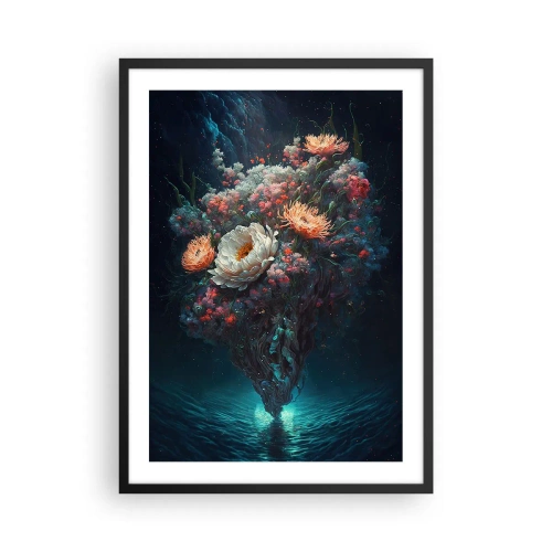 Plakat i sort ramme - Et magisk blomsterarrangement, der svæver over vandet - 50x70cm - Mærkelig have - Moderne vægdekoration til stue og soveværelse ARTTOR