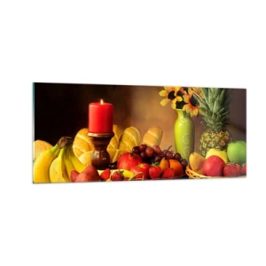 Billede på glas - Stilleben med brød og frugt - 100x40 cm