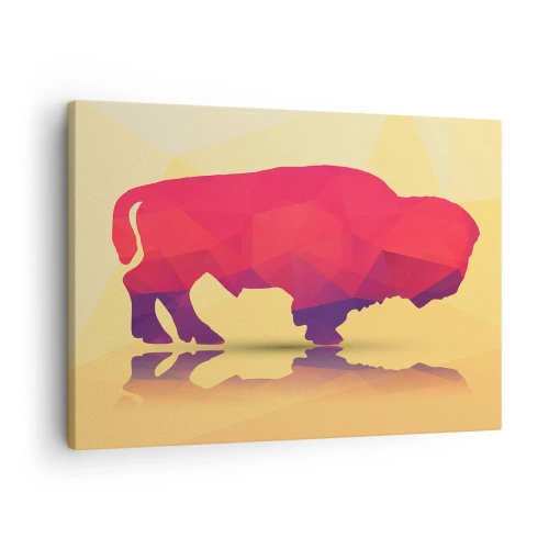Lærredstryk - Billede på lærred - Geometrisk silhuet af en bison i nuancer af rød og lilla - 70x50cm - Bisonens amarantstyrke - Moderne vægdekoration til stue og soveværelse ARTTOR