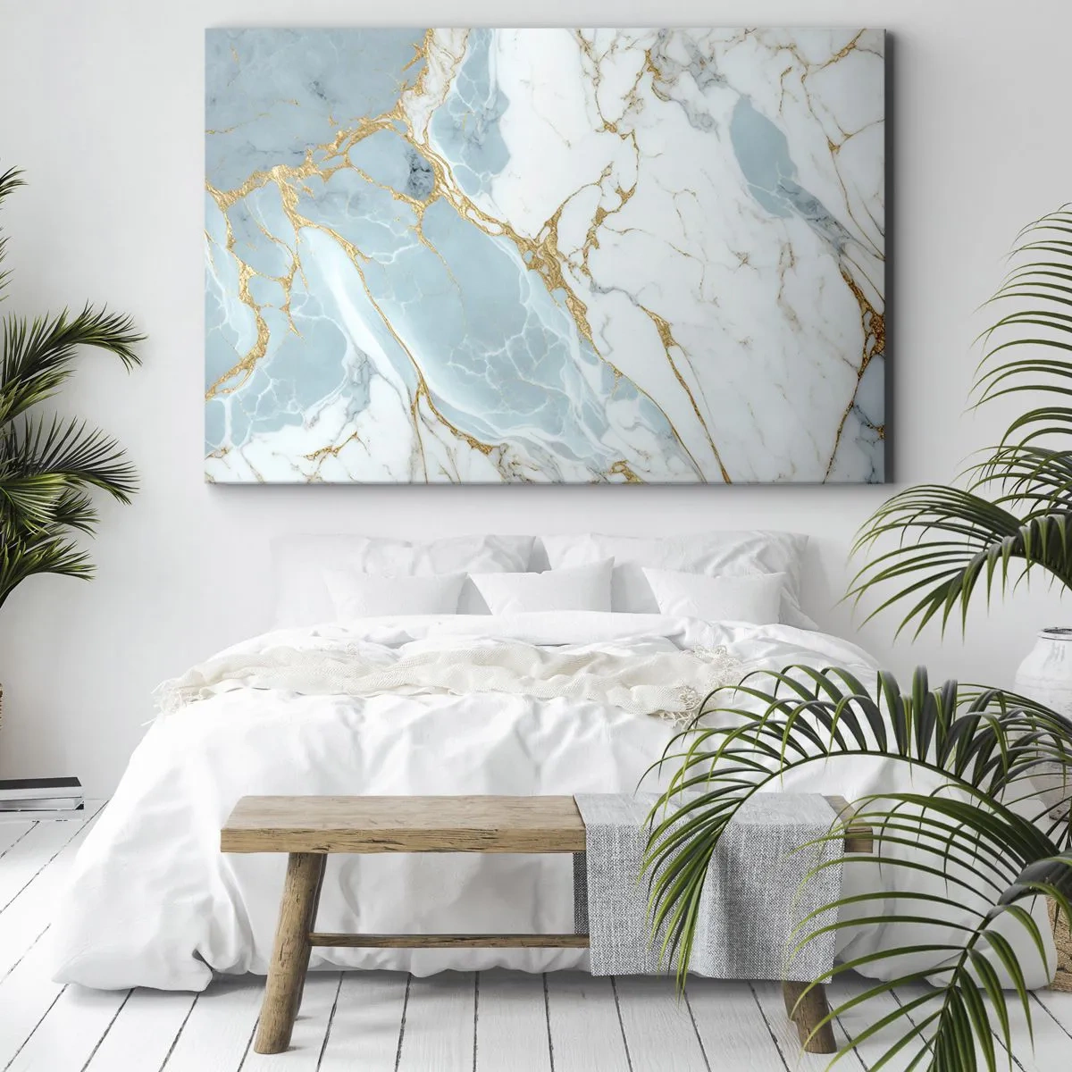 Lærredstryk - Billede på lærred - Blå og hvide marmormønstre med tilsatte guldårer - 70x50cm - Rigdom af sten - Moderne vægdekoration til stue og soveværelse ARTTOR