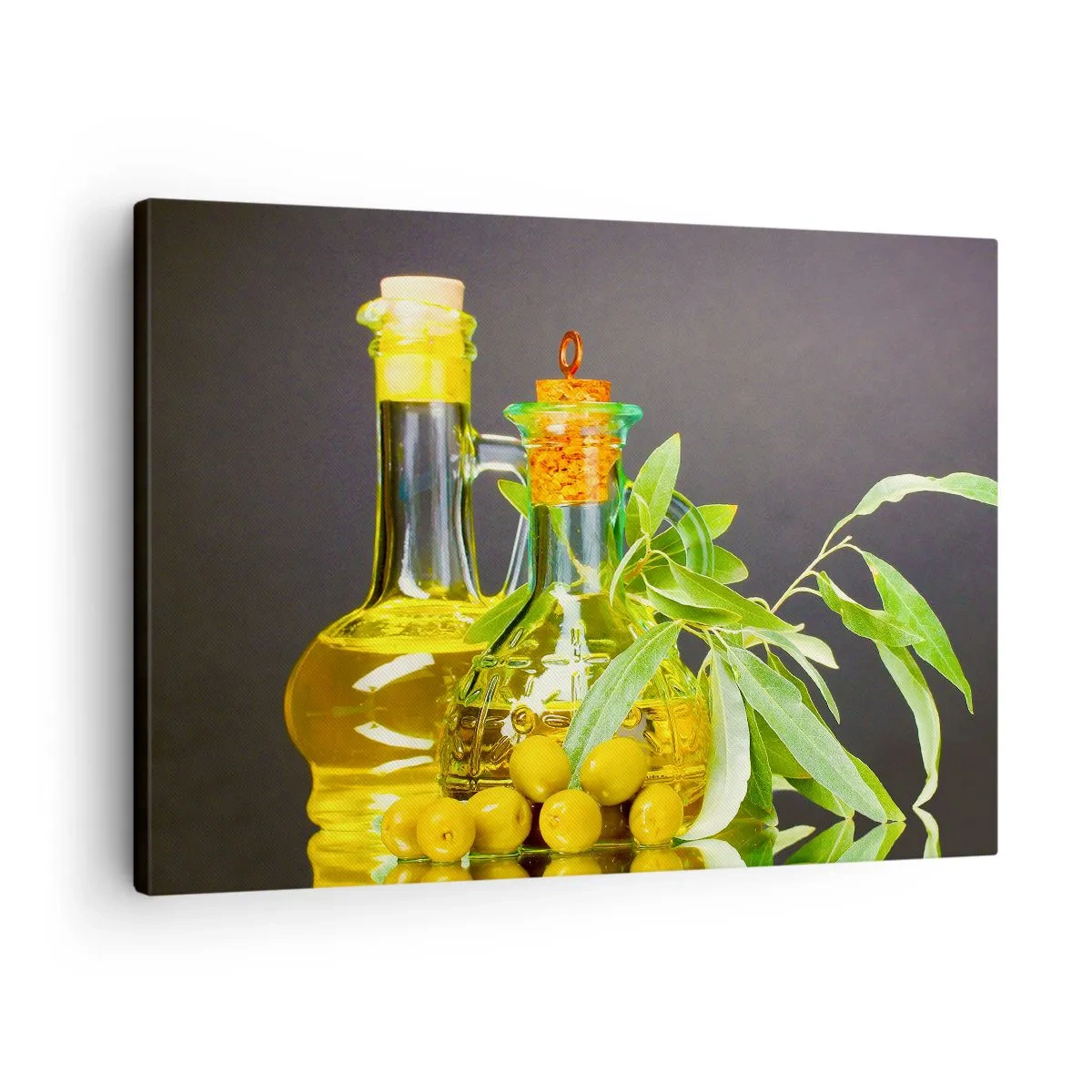 Lærredstryk - Billede på lærred - Flasker med olivenolie og oliventræsgrene - 70x50cm - Stilleben med oliven og olie - Moderne vægdekoration til stue og soveværelse ARTTOR