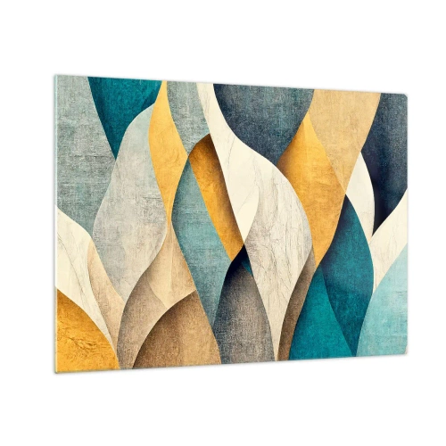 Billede på glas - Abstrakte former i gule og blå nuancer - 70x50cm - Rytme og bølger - Moderne vægdekoration til stue og soveværelse ARTTOR
