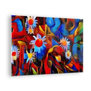 Billede på glas - Farverige abstrakte blomster mod en baggrund af intense farver - 70x50cm - Livets farver - Moderne vægdekoration til stue og soveværelse ARTTOR