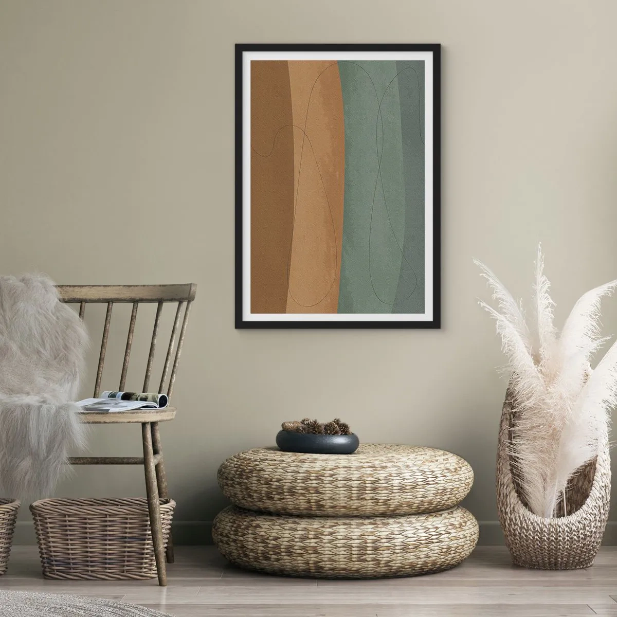 Plakat i sort ramme - Organiske linjer på jordnære og grønne baggrunde - 50x70cm - Vandret sammensætning - Moderne vægdekoration til stue og soveværelse ARTTOR