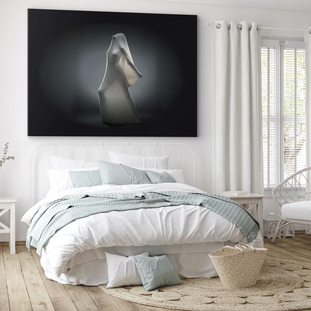Lærredstryk - Billede på lærred - En figur i hvidt stof på en mørk baggrund - 70x50cm - Skjulte begær - Moderne vægdekoration til stue og soveværelse ARTTOR