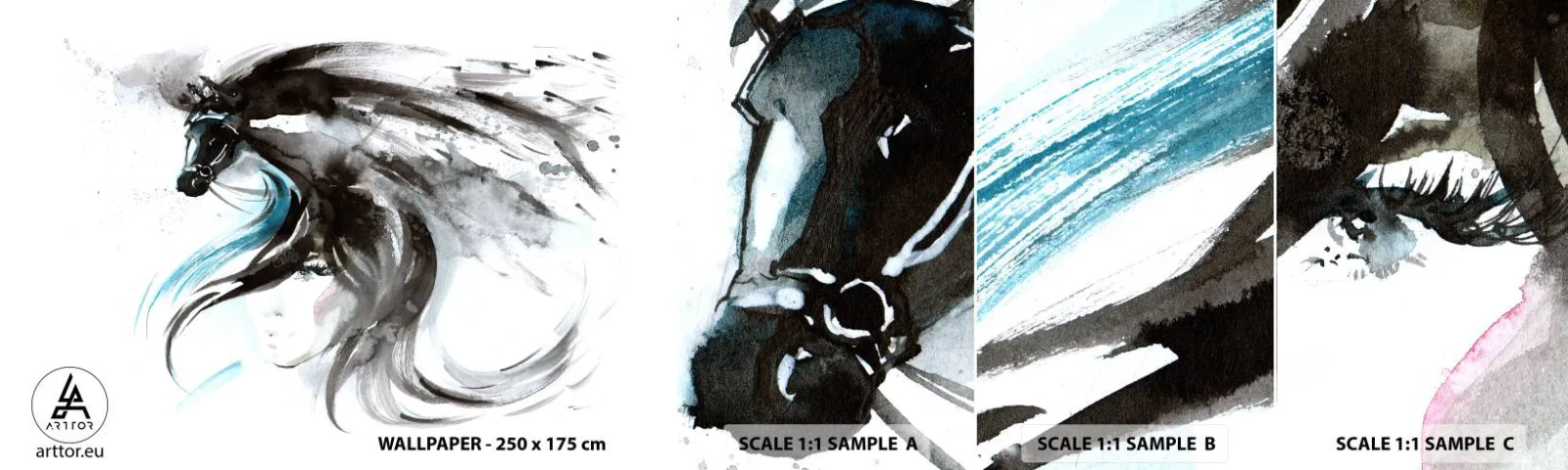 Prøve Fototapet Selvklæbende Deluxe Sticker - Den sorte prins' galop - Dyr, Hest, Grafik - 100x30 cm