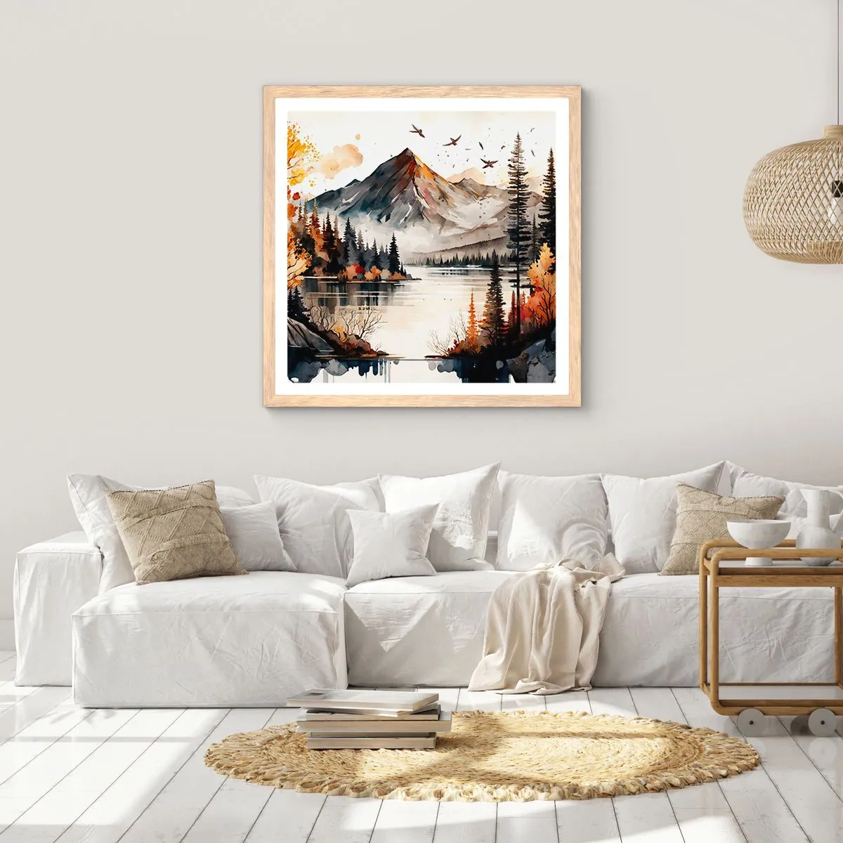 Plakat i ramme af lyst egetræ - Gyldent efterår i bjergene - 60x60 cm