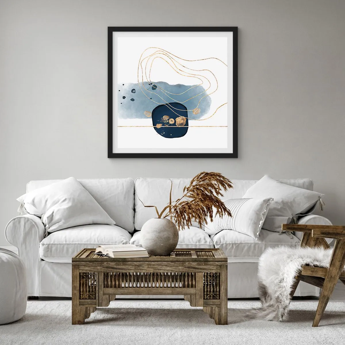 Plakat i sort ramme - Blå-gylden fantasi - 50x50 cm