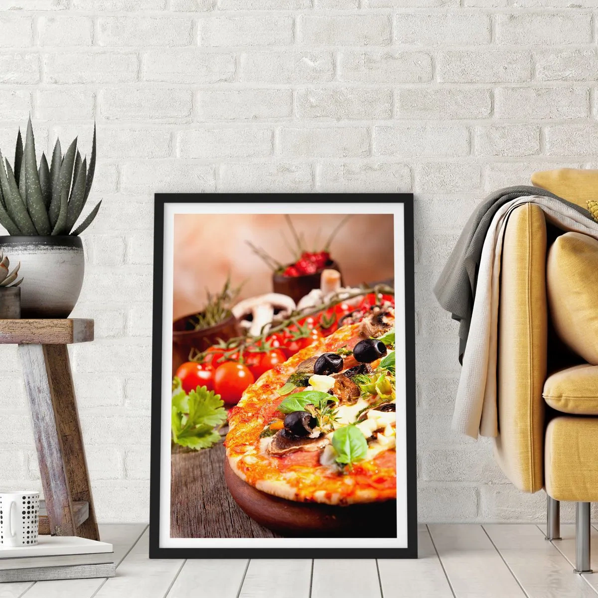 Plakat i sort ramme - Pizza med oliven og krydderurter med friske ingredienser - 50x70cm - Af tellurholdige bestanddele - Moderne vægdekoration til stue og soveværelse ARTTOR