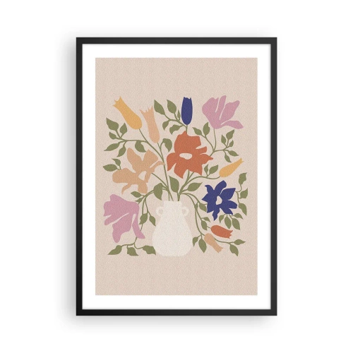 Plakat i sort ramme - En farverig blomsterbuket i en lys vase på en beige baggrund - 50x70cm - En delikat buket - Moderne vægdekoration til stue og soveværelse ARTTOR