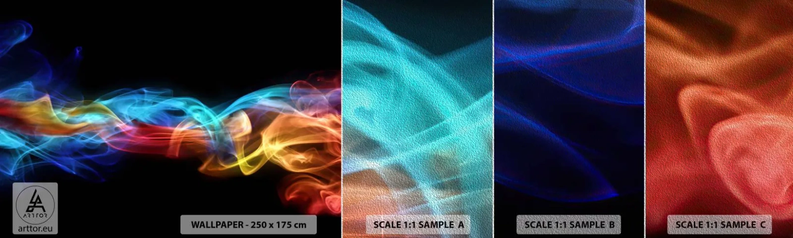 Prøve Fototapet Premium Sand - Regnbuedans i tågerne - Abstraktion, Grafik, Farverige flammer - 100x30 cm