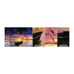 Fototapet Prøve Standard Eco - "Det ser ud til, at du hænger midt på himlen..." - Landskab, Solnedgang, Sø - 100x30 cm