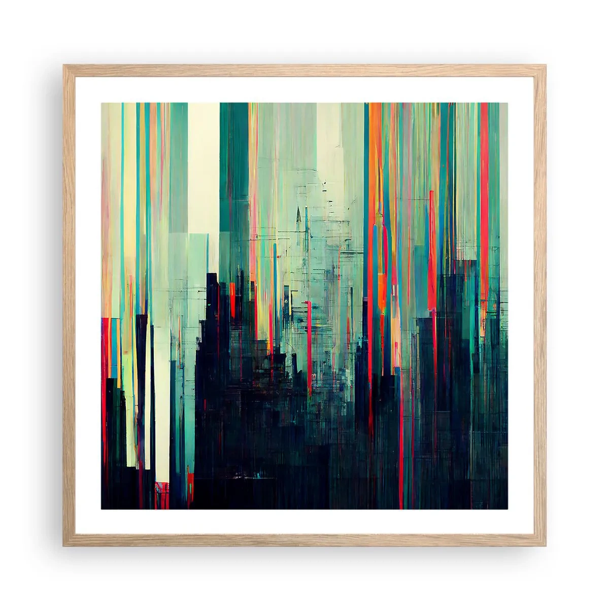 Plakat i ramme af lyst egetræ - Futuristisk by - 60x60 cm