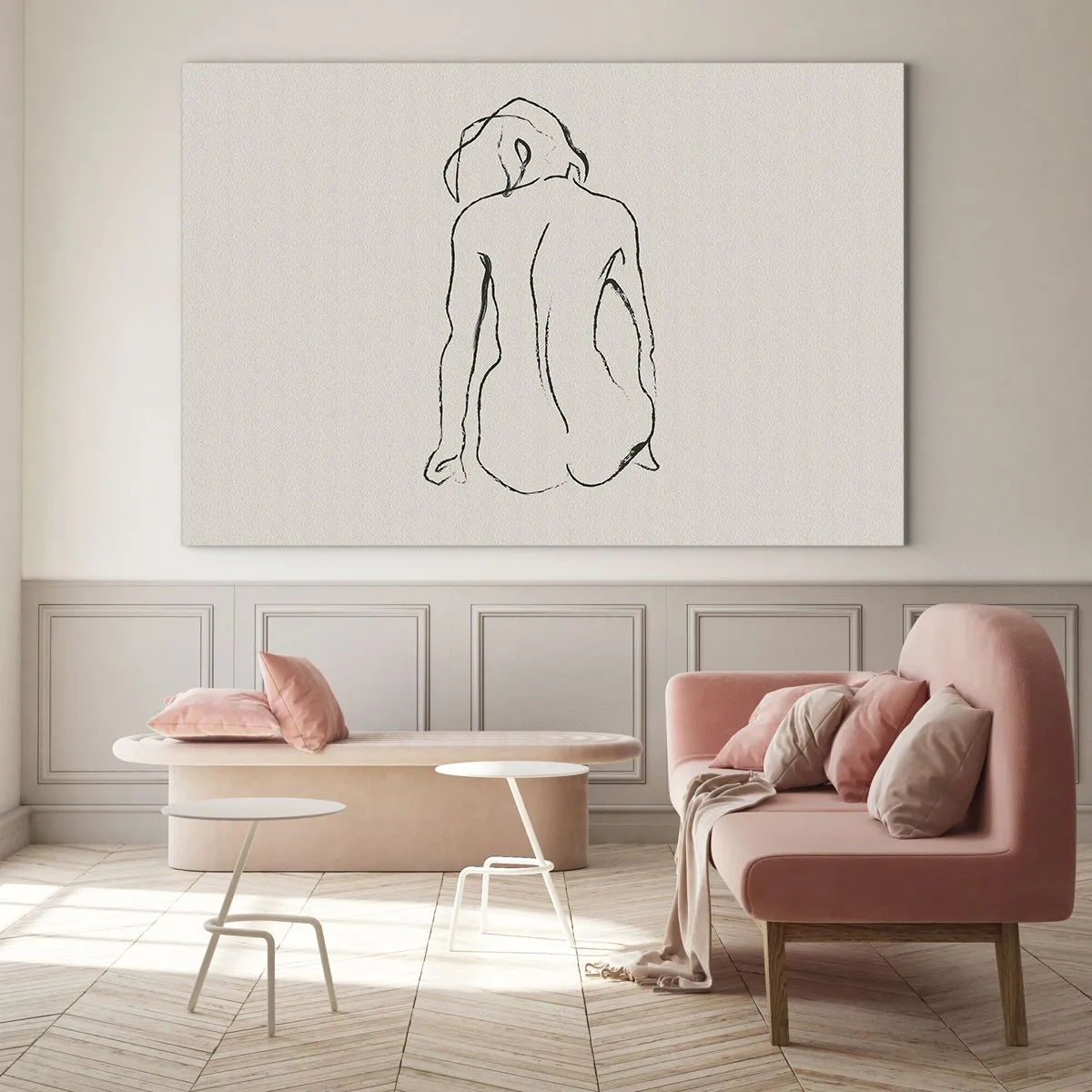 Billede på glas - En fin skitse af en siddende kvinde, tegnet i sort på en lys baggrund. - 70x50cm - Nøgen pige - Moderne vægdekoration til stue og soveværelse ARTTOR