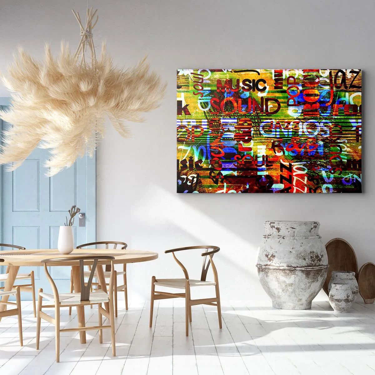 Lærredstryk - Billede på lærred - Farverig abstraktion med musikindskrifter i pop art-stil - 70x50cm - Alle lydens farver - Moderne vægdekoration til stue og soveværelse ARTTOR