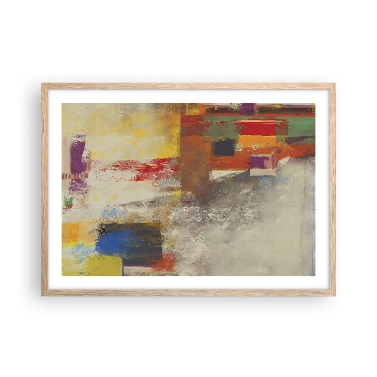 Plakat i ramme af lyst egetræ - Geometri af farver - 70x50 cm
