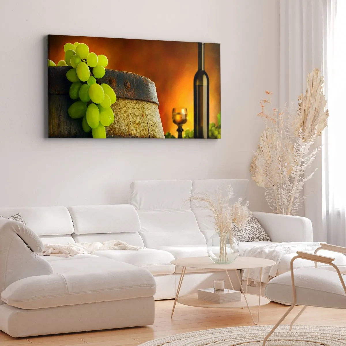 Lærredstryk - Billede på lærred - Stilleben med en flaske vin og en drueklaske - 100x40 cm