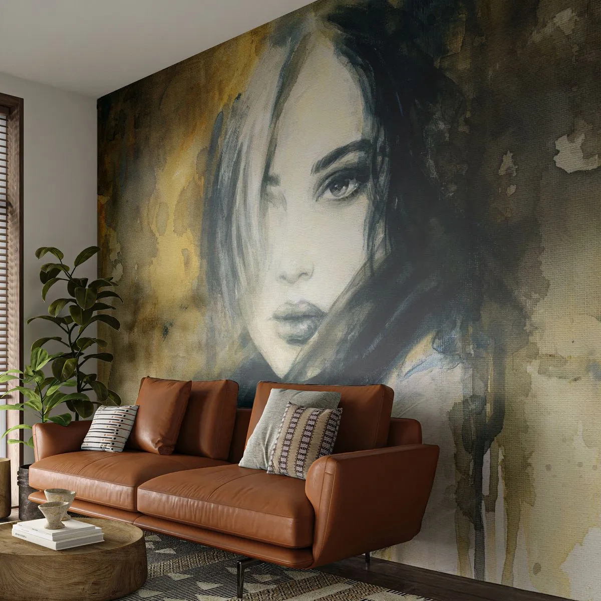 Fototapet Premium Canvas - mere uskyldig eller sensuel? - Portræt af en kvinde, Kvindens ansigt, Grafik - 150x105 cm