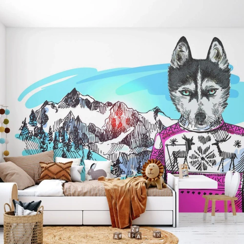 Fototapet Standard Eco - Husky i en lyserød sweater mod et bjergpanorama - 100x70cm - Ulv i fåreuld - Moderne vægdekoration til stue og soveværelse ARTTOR