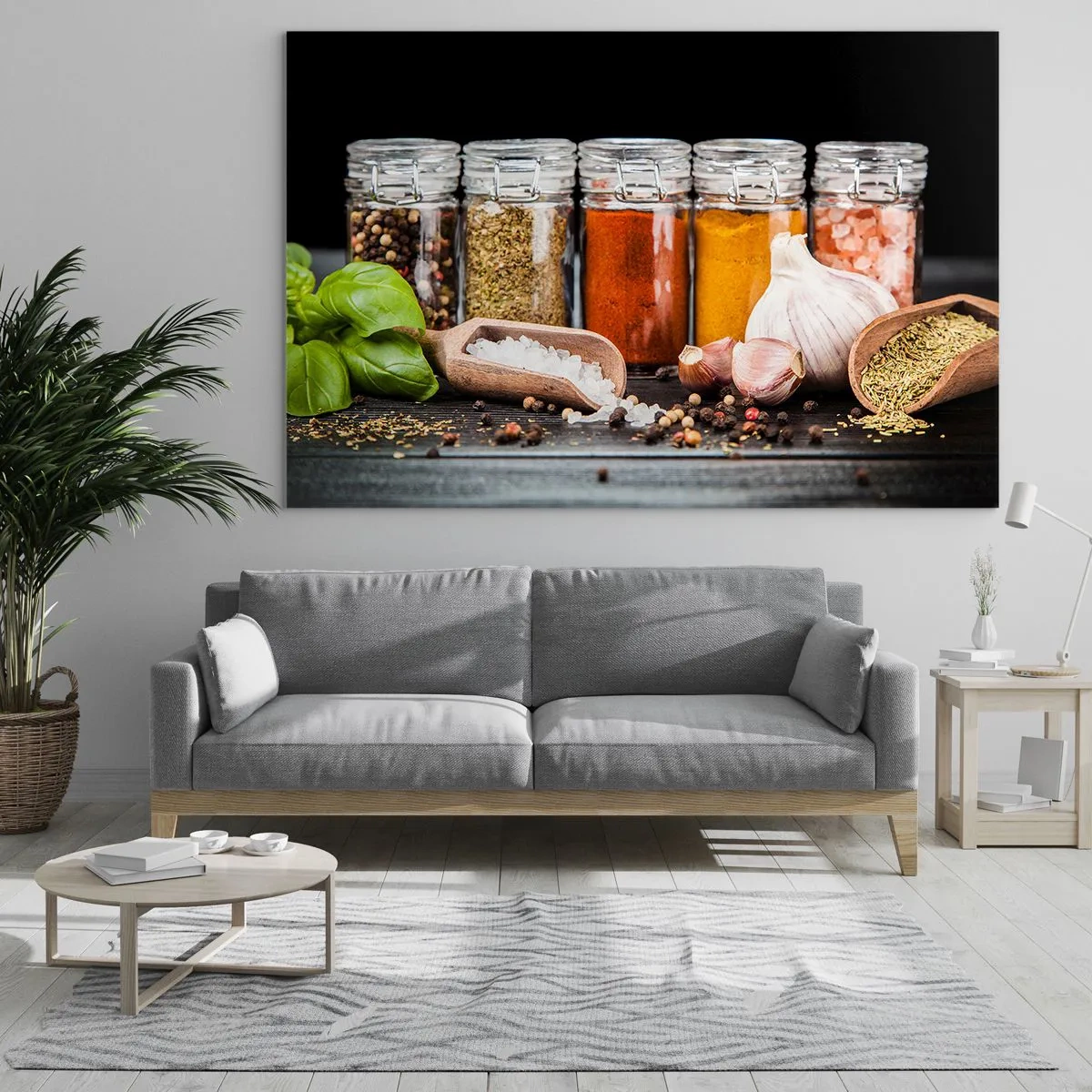 Billede på glas - Farverige krydderier i krukker på en mørk baggrund - 70x50cm - For at livet kan smages - Moderne vægdekoration til stue og soveværelse ARTTOR
