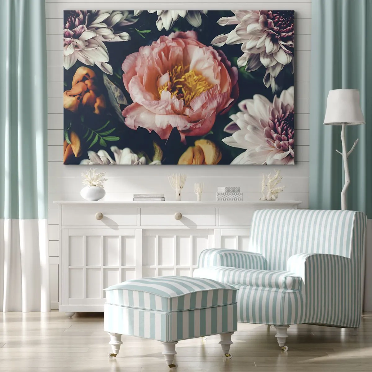 Lærredstryk - Billede på lærred - Blomsterarrangement med pæon og krysantemum på en mørk baggrund - 70x50cm - Med barok pragt - Moderne vægdekoration til stue og soveværelse ARTTOR