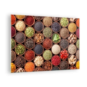 Billede på glas - En sammensætning af forskellige krydderier i træskåle - 70x50cm - Alle verdens smage - Moderne vægdekoration til stue og soveværelse ARTTOR