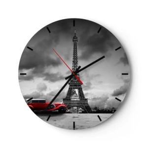 Vægur, Uret - Eiffeltårnet med en rød retrobil - 30x30cm - For ikke så længe siden i Paris - Moderne vægdekoration til stue, køkken og soveværelse ARTTOR