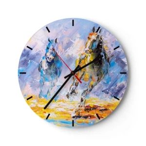 Vægur, Uret - To heste i et dynamisk løb mod en farverig baggrund - 30x30cm - Galopperer gennem det blanke skær - Moderne vægdekoration til stue, køkken og soveværelse ARTTOR