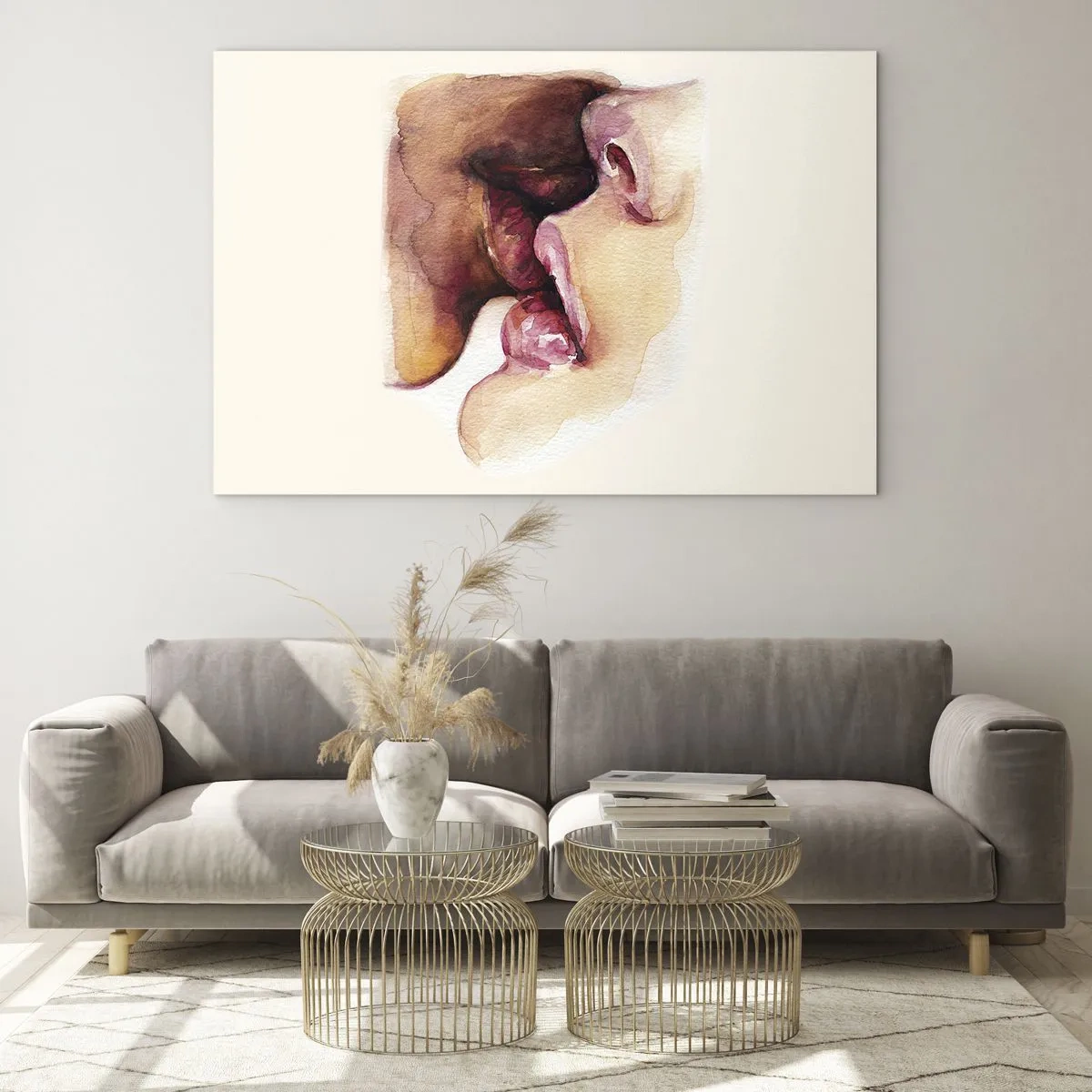Billede på glas - Kunstnerisk akvarel kys af to ansigter på en lys baggrund - 70x50cm - Som nat og dag, jord og himmel - Moderne vægdekoration til stue og soveværelse ARTTOR