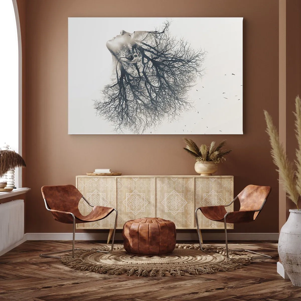 Lærredstryk - Billede på lærred - Kreativ silhuet af en kvinde og træer - 70x50cm - Lyttede til træets hvisken - Moderne vægdekoration til stue og soveværelse ARTTOR