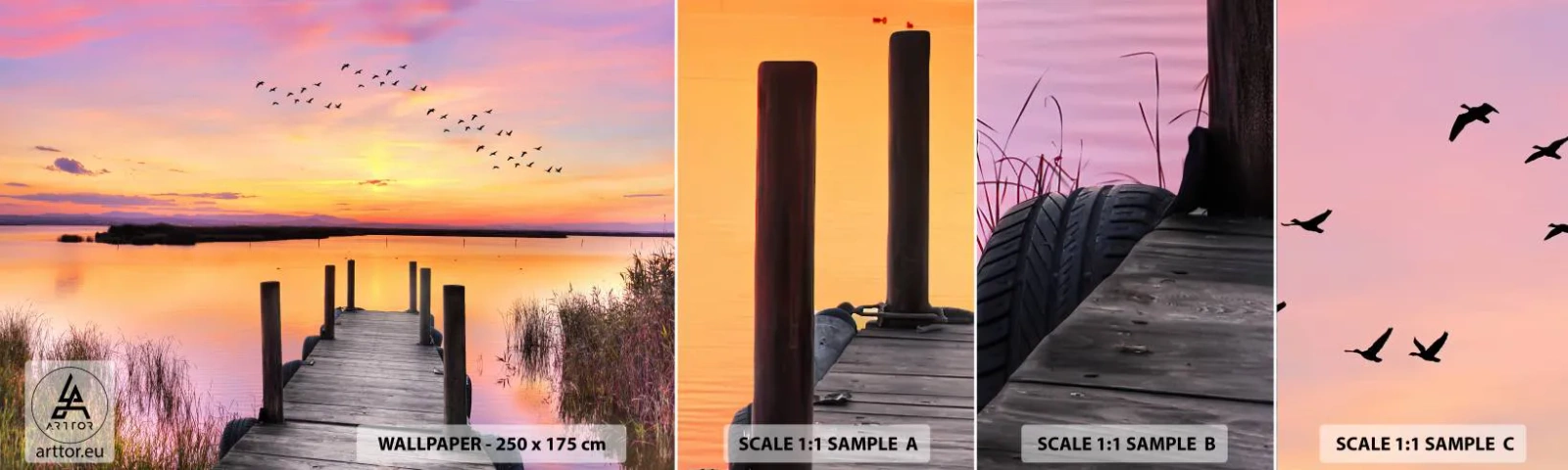 Prøve Fototapet Selvklæbende Deluxe Sticker - Violet stille daggry - Landskab, Sø, Natur - 100x30 cm