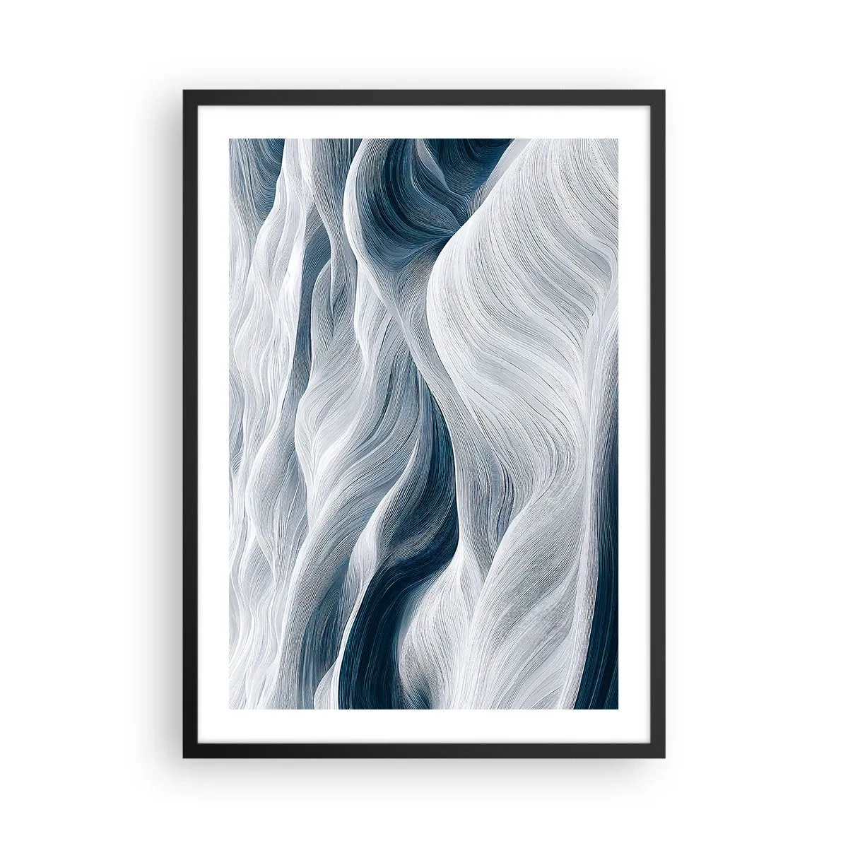 Plakat i sort ramme - Abstrakte bølger i nuancer af hvid og marineblå - 50x70cm - Hvide og blå bølger - Moderne vægdekoration til stue og soveværelse ARTTOR