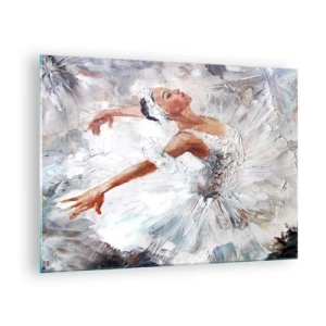 Billede på glas - En ballerina i et hvidt outfit i en dynamisk positur - 70x50cm - Blød og let som tyl - Moderne vægdekoration til stue og soveværelse ARTTOR