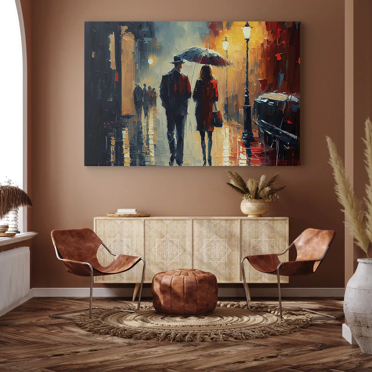 Lærredstryk - Billede på lærred - Gåtur i regnen under en paraply i byen om natten - 70x50cm - Urban kærlighedshistorie - Moderne vægdekoration til stue og soveværelse ARTTOR