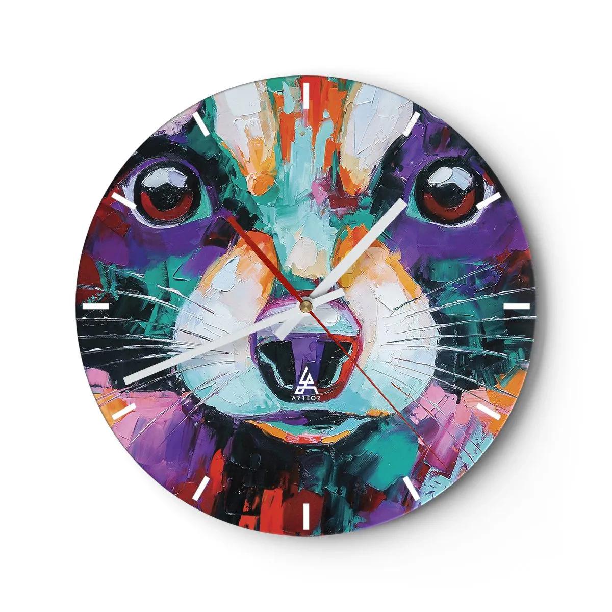 Vægur, Uret - Farverigt portræt af en kat i malerisk stil på en hvid baggrund - 30x30cm - Kun gode følelser - Moderne vægdekoration til stue, køkken og soveværelse ARTTOR