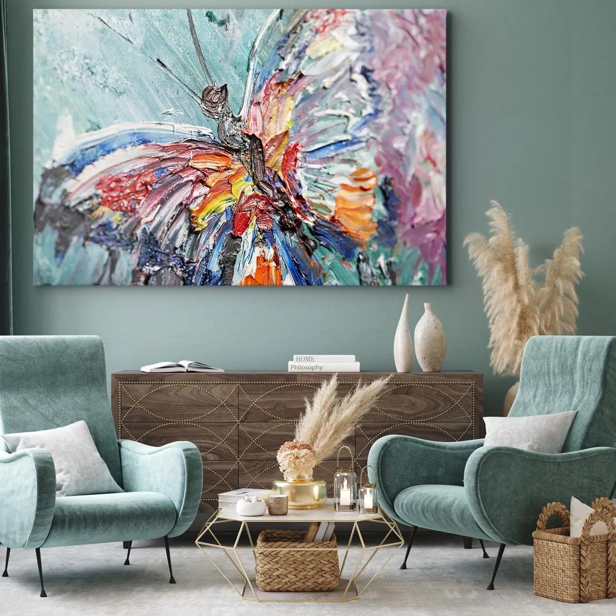Lærredstryk - Billede på lærred - Farverig impasto-sommerfugl på en pastelfarvet baggrund - 70x50cm - Malet af naturen - Moderne vægdekoration til stue og soveværelse ARTTOR