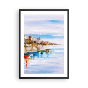 Plakat i sort ramme - Det farverige landskab i kystbyen - 50x70cm - Flerfarvet urban havn - Moderne vægdekoration til stue og soveværelse ARTTOR