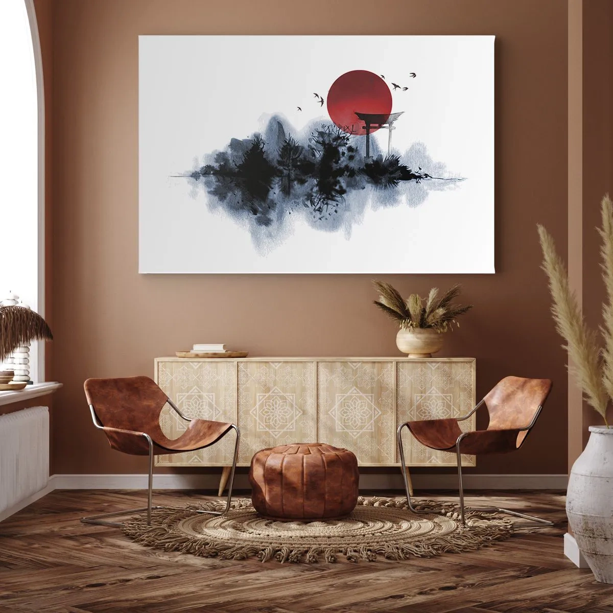 Lærredstryk - Billede på lærred - Rød sol over et malerisk landskab med torii - 70x50cm - Et japansk synspunkt - Moderne vægdekoration til stue og soveværelse ARTTOR